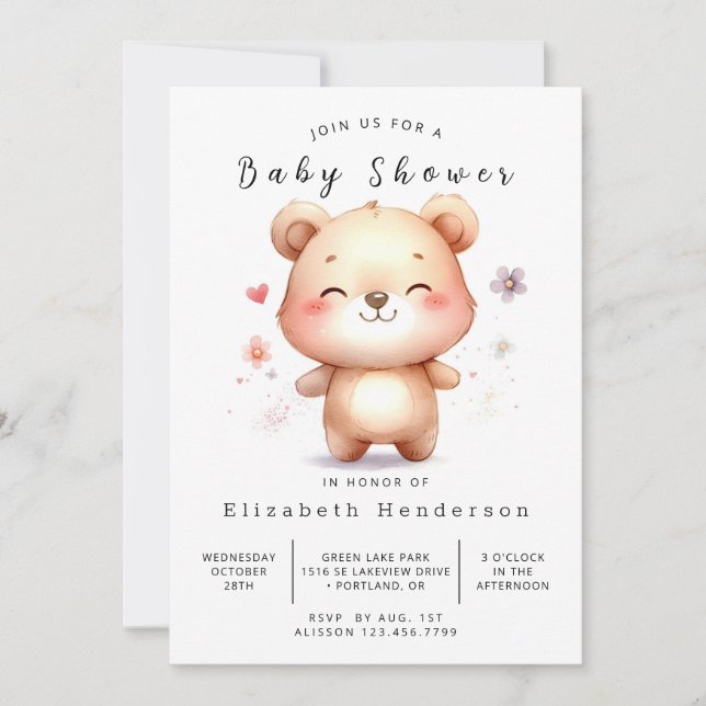 Convite Chá de fraldas de Urso Editável Whimsical (Frente)
