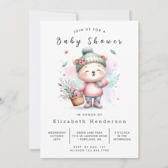 Convite Chá de fraldas de Urso Editável Whimsy (Frente)