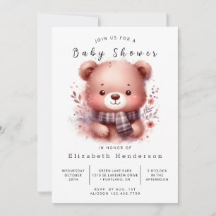 Convite Chá de fraldas de Urso Editável Woodland
