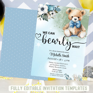Convite Chá de fraldas de Urso Floral Azul