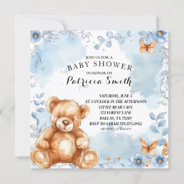 Convite Chá de fraldas de Urso Floral Azul de Aquarela