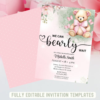Convite Chá de fraldas De Urso Floral De Teddy Flush, Rosa