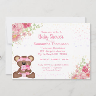 Convite Chá de fraldas de Urso Floral Rosa