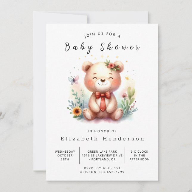 Convite Chá de fraldas de Urso Imprimível de Watercolor (Frente)