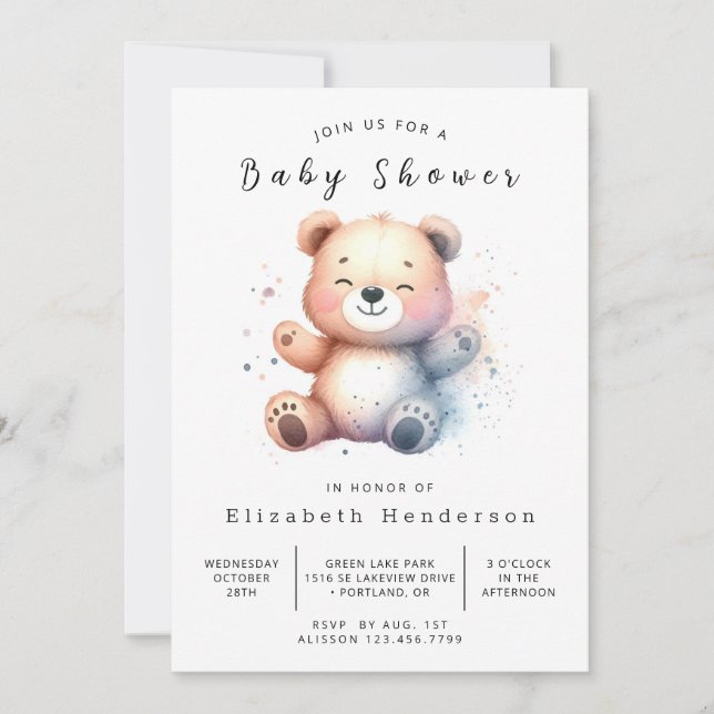 Convite Chá de fraldas de Urso Imprimível Whimsical (Frente)