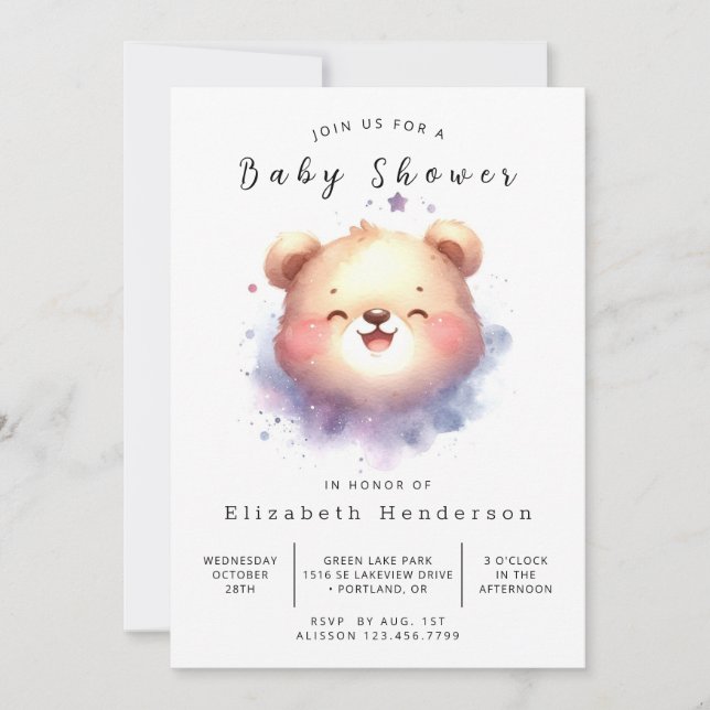 Convite Chá de fraldas de Urso Imprimível Whimsy (Frente)