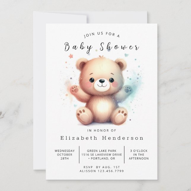 Convite Chá de fraldas de Urso Imprimível Whimsy (Frente)