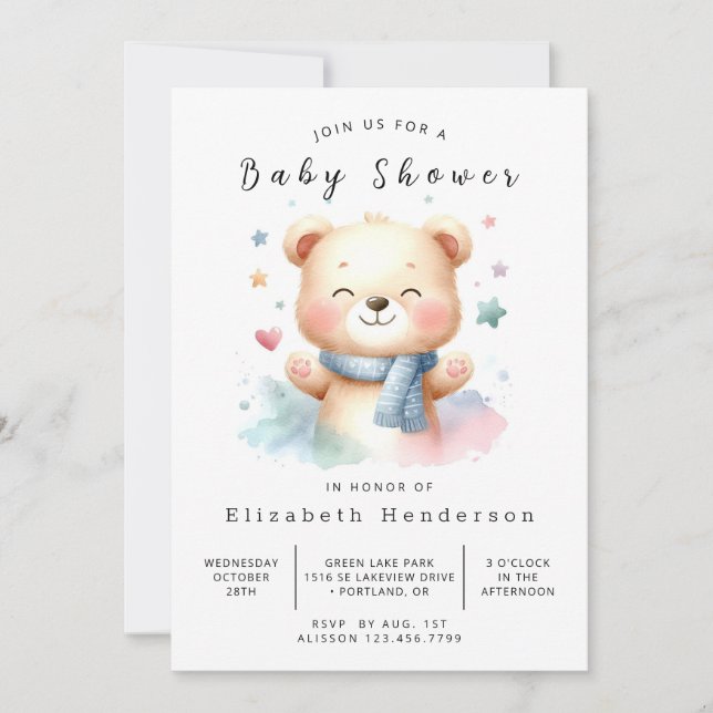 Convite Chá de fraldas de Urso Personalizado Boho (Frente)