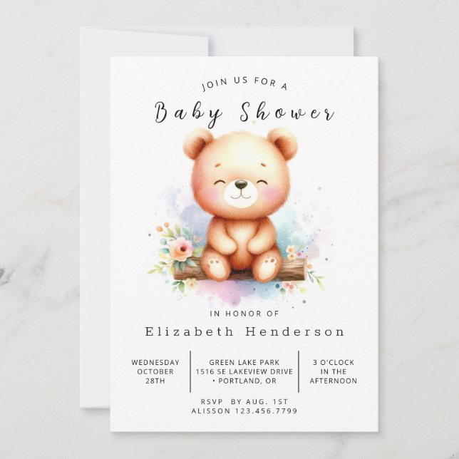 Convite Chá de fraldas de Urso Personalizado na moda (Frente)