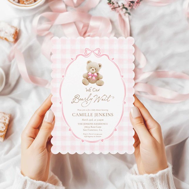 Convite Chá de fraldas de Urso Rosa Rosa Gingham (Pink Teddy Bear Girl Baby Shower Invitation)
