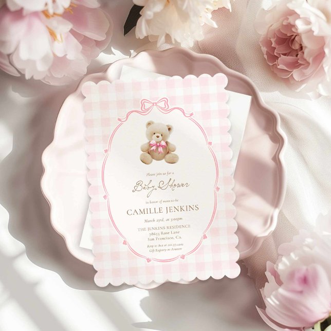 Convite Chá de fraldas de Urso Rosa-Rosa-Rosa Bonito (Teddy Bear Pink Girl Baby Shower Invitation)