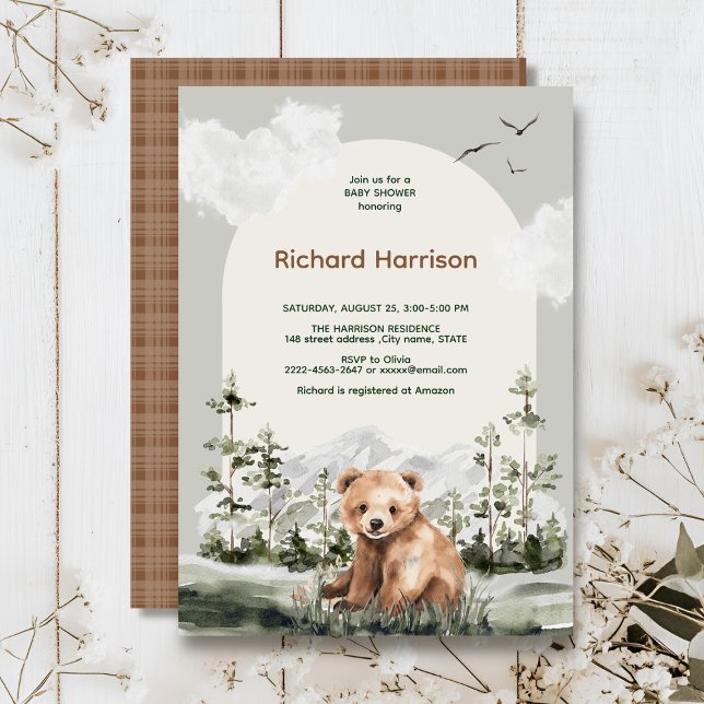 Convite Chá de fraldas de ursos bonitos (Adventure awaits cute watercolor bear, green forest, woodland theme baby shower invitation )
