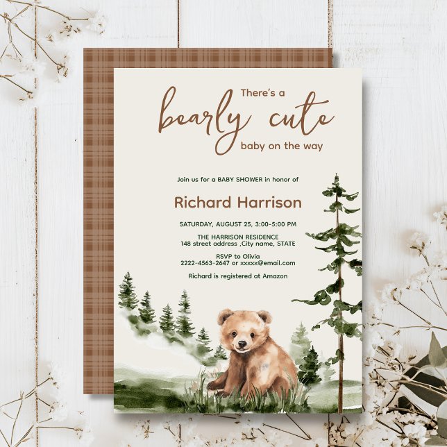 Convite Chá de fraldas de ursos bonitos (Adventure awaits cute watercolor bear, green forest, woodland theme baby shower invitation )