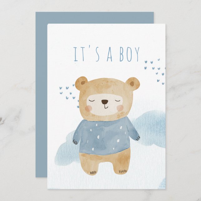 Convite Chá de fraldas de ursos bonitos de cor azul-sonole (Frente/Verso)