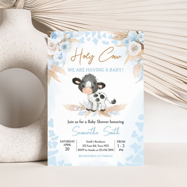 Convite Chá de fraldas de vaca azul (Boy Highland Cow Baby Shower Invitation)