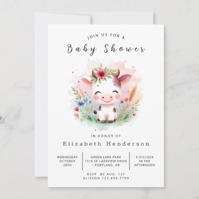 Convite Chá de fraldas de Vaca de Na moda de Pastel Online (Frente)