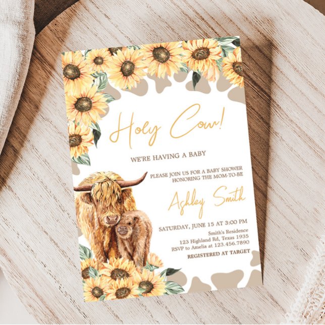 Convite Chá de fraldas de Vaca de Sunflower Highland (Summer Holy Cow Baby Shower Invitation)