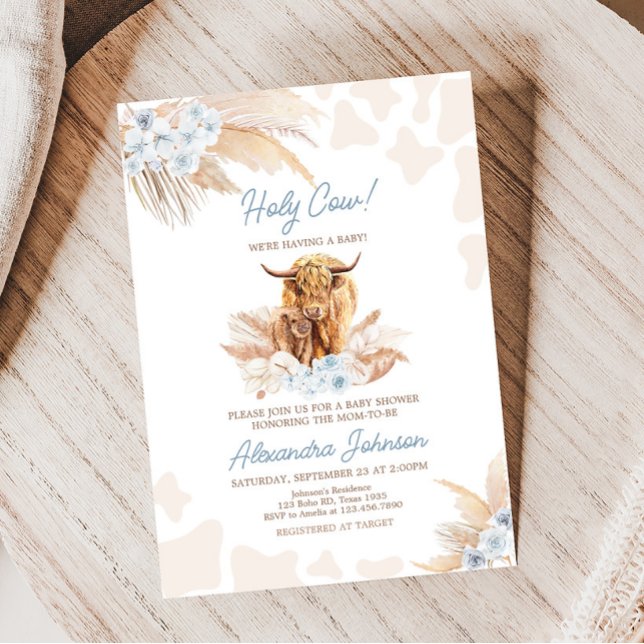 Convite Chá de fraldas de Vaca do Planalto Azul (Boho Holy Cow Baby Shower Invitation )