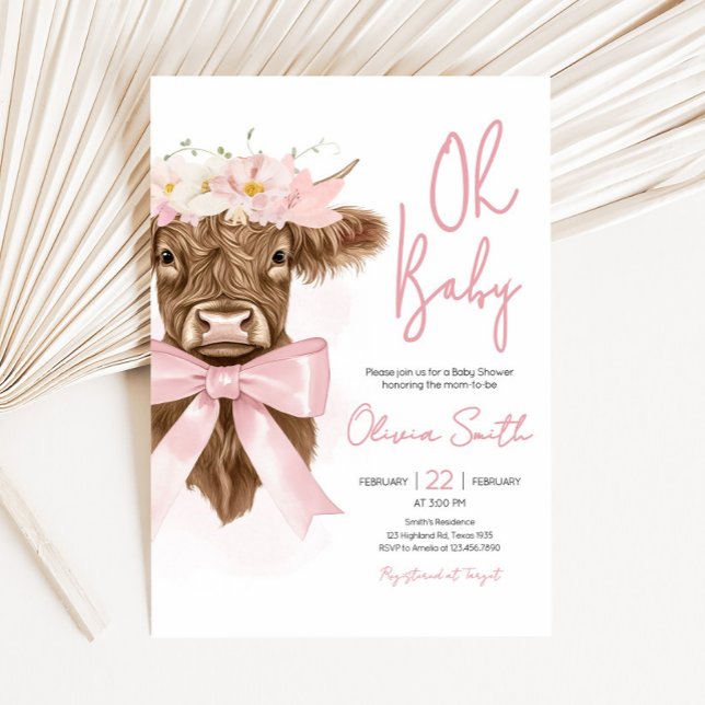 Convite Chá de fraldas de Vaca Floral Rosa (Coquette Highland Cow Baby Shower Invitation)