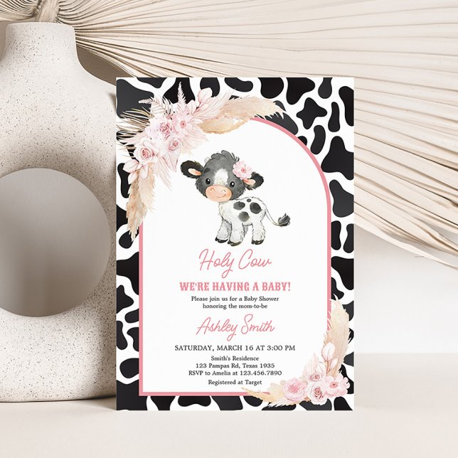 Convite Chá de fraldas de Vaca Rosa Boho Highland (Girl Floral Highland Cow Baby Shower Invitation)