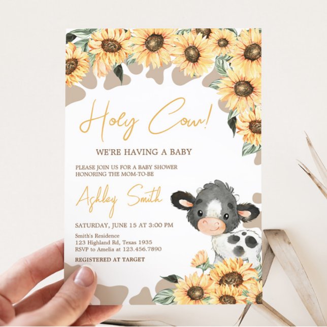 Convite Chá de fraldas de vaca sagrado e girassol (Summer Highland Cow Baby Shower Invitation)