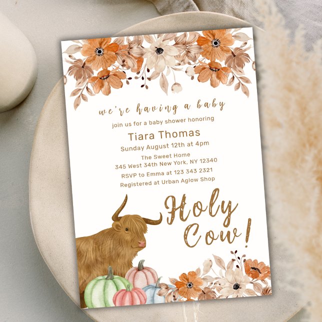 Convite Chá de fraldas de Vaca Santa Floral (Holy Cow Floral Fall Highland Cow Baby Shower Invitation)
