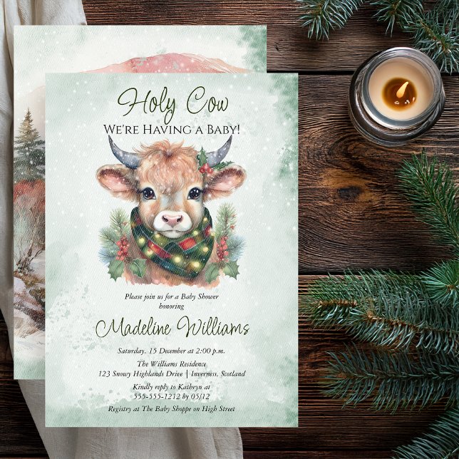 Convite Chá de fraldas de Vaca Santa no Feriado do inverno (Winter Holiday Highland "Holy Cow" Evergreen Baby Shower Invitation - Print | Digital Download)
