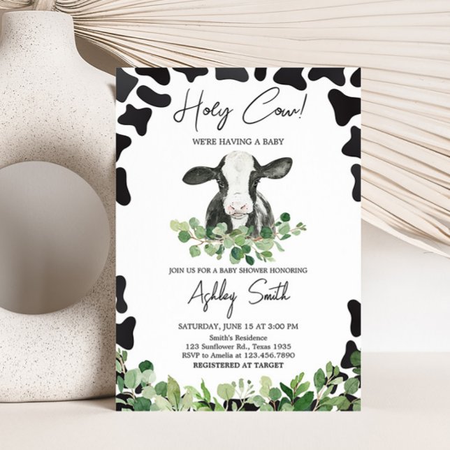 Convite Chá de fraldas de vaca verde-sagrado (Gender Neutral Highland Cow Baby Shower Invitation)