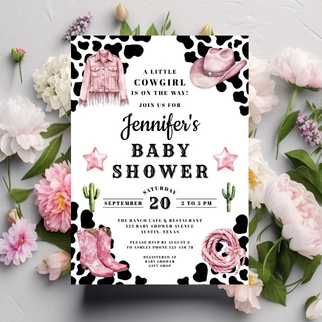 Convite Chá de fraldas de vaqueira rosa ocidental (Western Pink Cowgirl Baby Shower Invitation)