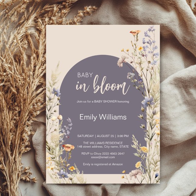 Convite Chá de fraldas de vassoura elegante de flores silv (A little wildflower elegant rustic boho watercolor baby shower invitation, baby in bloom)