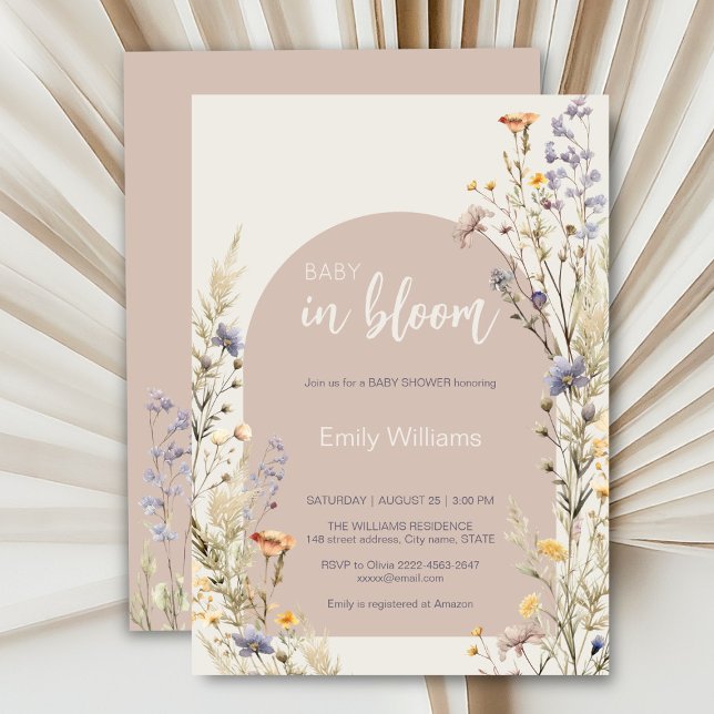 Convite Chá de fraldas de vassoura elegante de flores silv (A little wildflower elegant rustic boho watercolor baby shower invitation, baby in bloom)