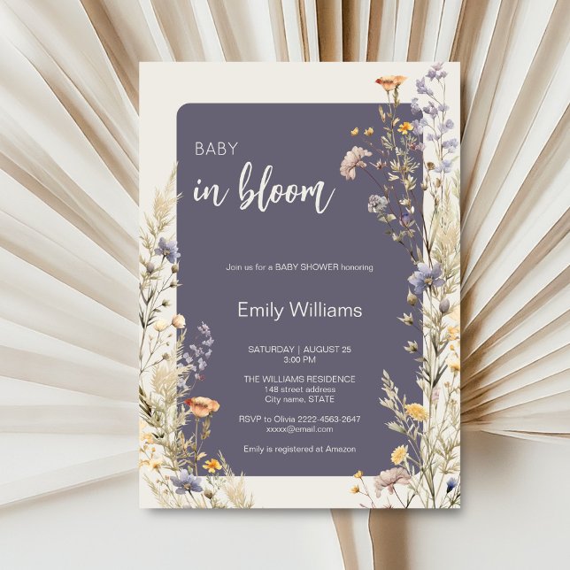 Convite Chá de fraldas de vassoura elegante de flores silv (A little wildflower elegant rustic boho watercolor baby shower invitation, baby in bloom)