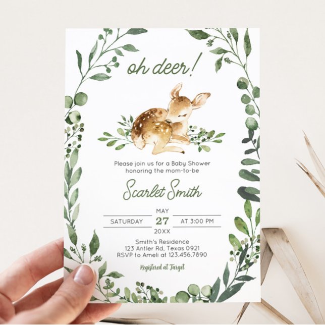 Convite Chá de fraldas de veado (Greenery Deer Baby Shower Invitation)