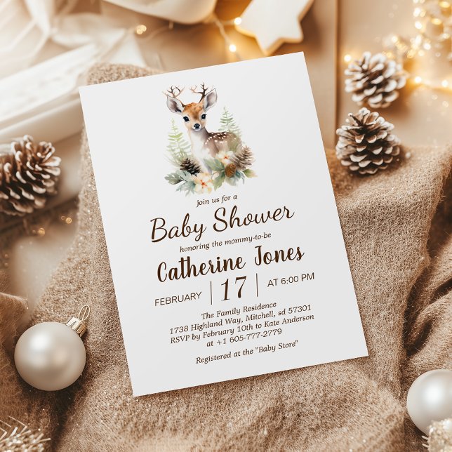 Convite Chá de fraldas de Veado da Madeira (Woodland Deer Animal Baby Shower Invitation)