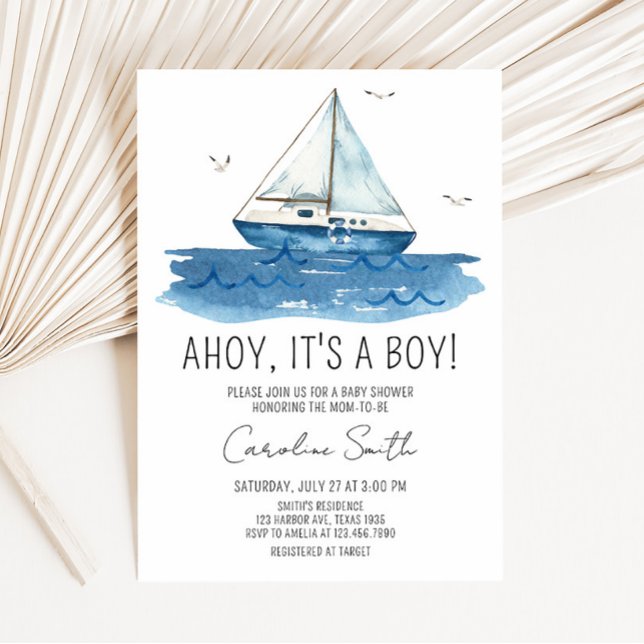 Convite Chá de fraldas de veleiro náutico (Ahoy It’s A Boy Baby Shower Invitation)