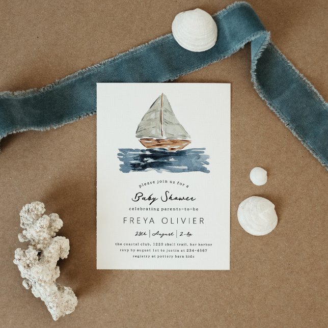 Convite Chá de fraldas de veleiro náutico náutico (Blue nautical watercolor sailboat modern baby shower invitation.)