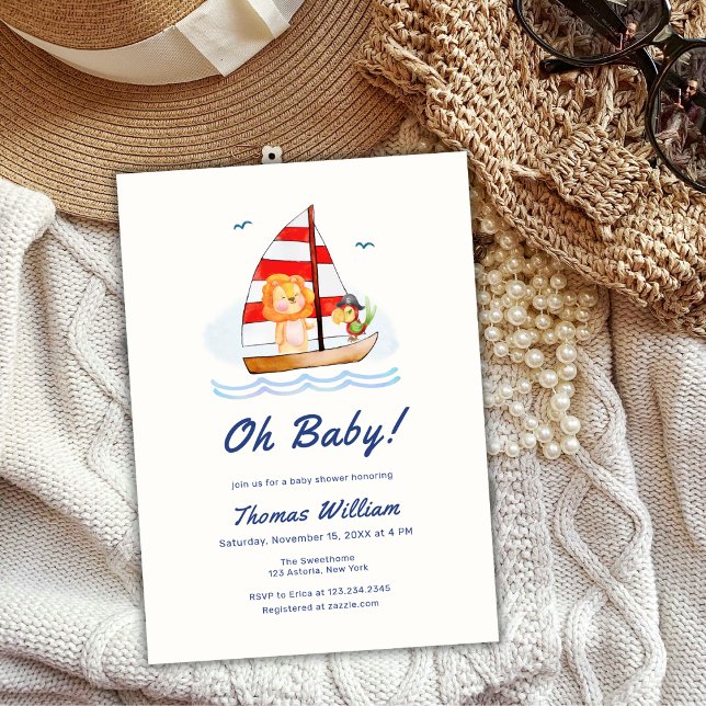 Convite Chá de fraldas de veleiro náutico náutico selvagem (Whimsical Nautical Wild Lion Sailboat Baby Shower Invitation)