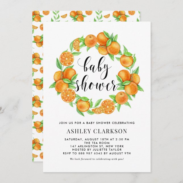 Convite Chá de fraldas de Verão de Fruta de cor laranja  (Frente/Verso)