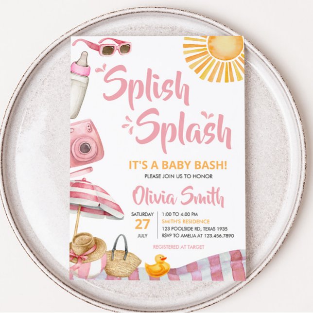 Convite Chá de fraldas de Verão de Praia Rosa (Splish Splash Baby Shower Invitation)