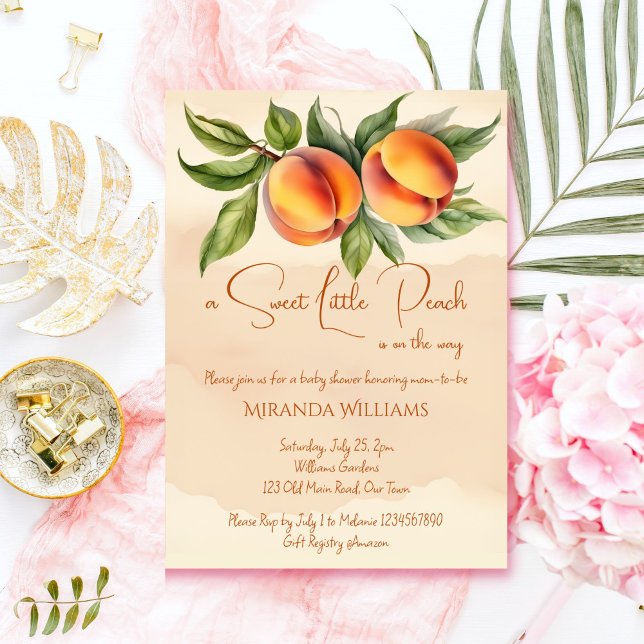 Convite Chá de fraldas de verão de primavera de pêssego do (Sweet little peach spring summer garden baby shower invitation template digital download orange)