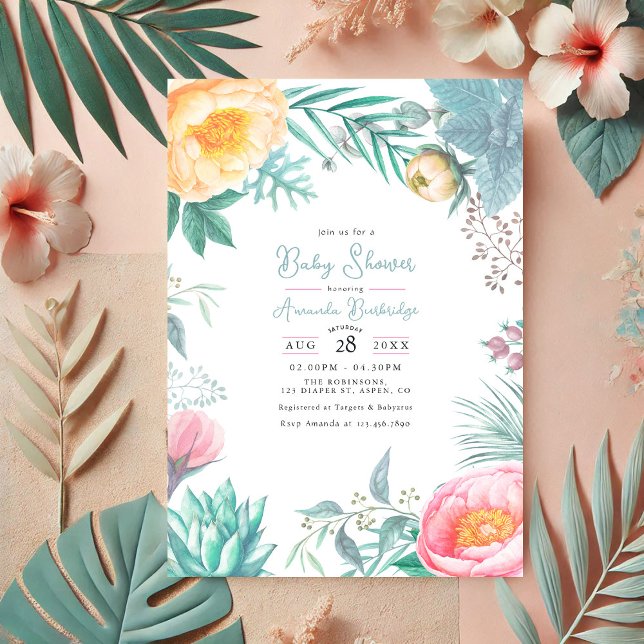 Convite Chá de fraldas de Verão Tropical de Pastel Dusty (Dusty Pastel Tropical Floral Summer Baby Shower Invitation)