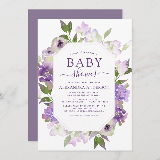 Convite Chá de fraldas de verde plural roxo Dusty (Frente/Verso)