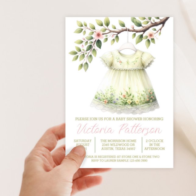 Convite Chá de fraldas de Vestido de Flor Selvagem em Spri (Wildflower dress spring baby shower invitation. Instant download and printed invitations available.)
