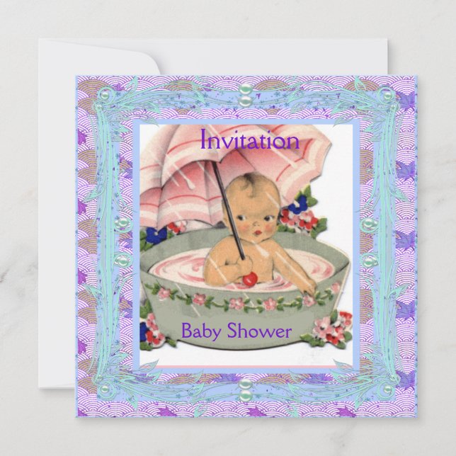 Convite Chá de fraldas de vinheta azul cor-de-rosa (Frente)