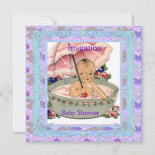 Convite Chá de fraldas de vinheta azul cor-de-rosa