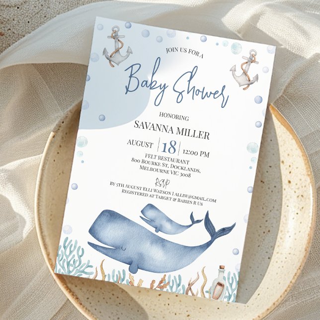 Convite Chá de fraldas de vitelo de baleia azul (Whale Baby Shower Invitation Boy, Whale Calf Baby Shower Invite, Ocean Under the Sea Baby Shower)