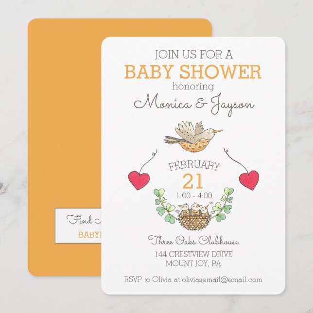 Convite Chá de fraldas de Voo de Pássaro Mais Doce Dourado (Frente/Verso)