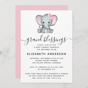 Convite Chá de fraldas de vovó elefante rosa
