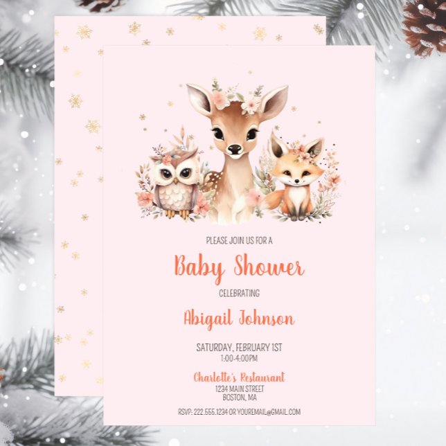 Convite Chá de fraldas de Wonderland de inverno, Pink Wood (Pink Snowflake Woodland Baby Shower Invitation, Deer Owl Fox, Baby Girl Shower, Script Whimsical)