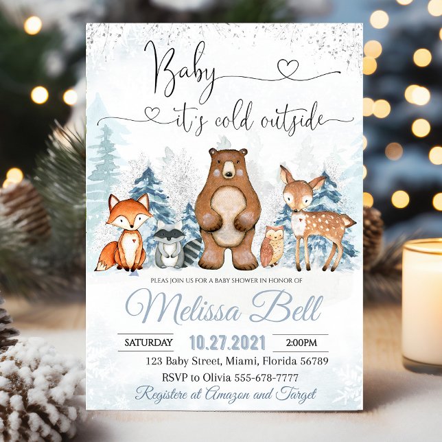 Convite Chá de fraldas de Woodland Animais de inverno (Winter Animals Woodland Boy Baby Shower invitation featuring snowy forest animals like bears, foxes,)